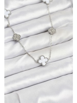 Zemira Home 316L Çelik Zincir Gümüş Renk Beyaz ve Zirkon Taşlı Yonca Kadın Kolye