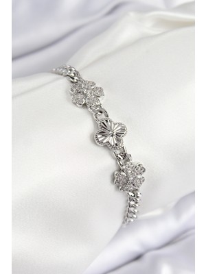 Zemira Home Pirinç Zirkon Taşlı Yonca Model Gümüş Renk Kadın Bileklik