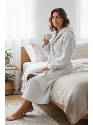 % 100 Pamuklu Laodikeia Kapşonlu Bornoz Kadın Erkek Unisex Beyaz