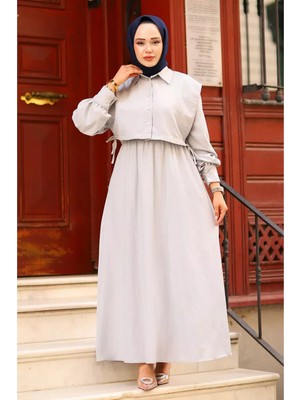 Tesettür Diyarı Lizza Kumaş Cepkenli Elbise- Taş