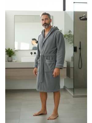 % 100 Pamuklu Laodikeia Kapşonlu Bornoz Kadın Erkek Unisex Gri