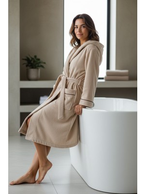 % 100 Pamuklu Laodikeia Kapşonlu Bornoz Kadın Erkek Unisex Bej