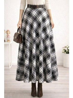 Harman Butik Kadın Beyaz Ekose Desenli Etek