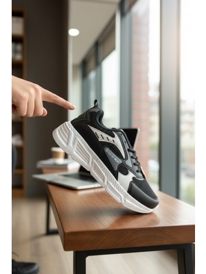 Enoch Erkek Spor ve Yürüyüş Ayakkabısı Tam Ortopedik Yüksek Tabanlı Siyah Beyaz Chunky Model