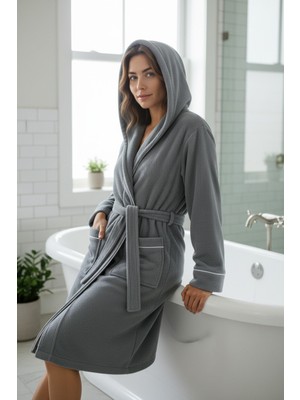 % 100 Pamuklu Laodikeia Kapşonlu Bornoz Kadın Erkek Unisex Gri