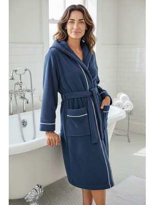 % 100 Pamuklu Laodikeia Kapşonlu Bornoz Kadın Erkek Unisex Lacivert