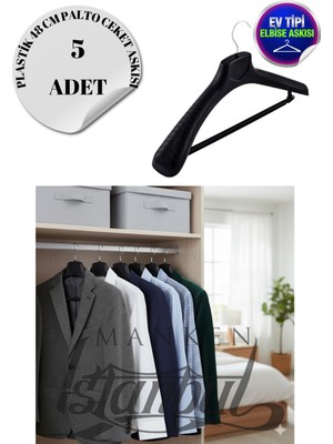 5 Adet Ev Tipi 48 cm Siyah Plastik Ceket Askısı Takım Elbise Askısı Kıyafet Askısı