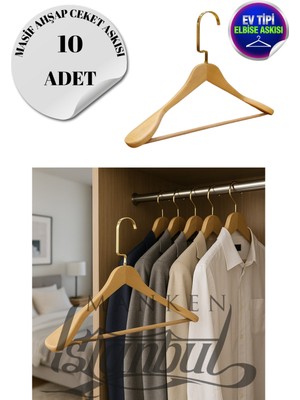 10 Adet Ev Tipi Masif Ahşap 44 cm Gold Kanca Ceket Askısı Takım Elbise Askısı Kıyafet Askısı