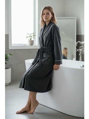Cottonea % 100 Pamuklu Laodikeia Kimono Bornoz Kadın Erkek Unisex Gri