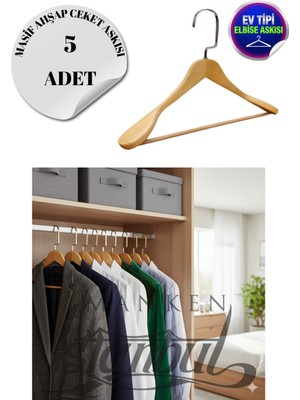 5 Adet Ev Tipi Masif Ahşap 44 cm Gümüş Kanca Ceket Askısı Takım Elbise Askısı Kıyafet Askısı