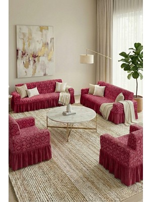 KUTLALE Jakarlı 3+3+1+1 Osmanlı Desen Koltuk, Kanepe, Çekyat Örtüsü, Etekli, Streç, Esnek, Lastikli, Koltuk Kılıfı 3311 Takımı