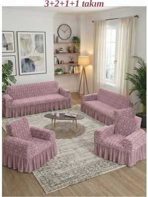 KUTLALE Jakarlı 3+2+1+1 Osmanlı Desen Koltuk, Kanepe, Çekyat Örtüsü, Etekli, Streç, Esnek, Lastikli, Koltuk Kılıfı 3211 Takımı