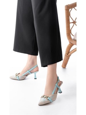 Sibel Gürel K-250 Mavi Keten Günlük Arkası Açık Tokalı Topuklu Kadın Ayakkabı