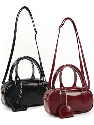 SHAKA Kırışık Dokulu Siyah/kırışık Dokulu Bordo SHK295 Suni Deri ,2'li El, Kol ve Omuz Çanta Seti (SHK207)