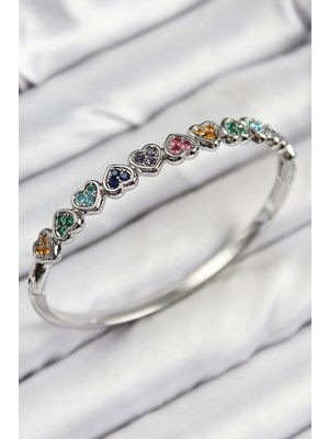 Zemira Home Pirinç Renkli Zirkon Taşlı Sıralı Kalp Model Gümüş Renk Kadın Kelepçe