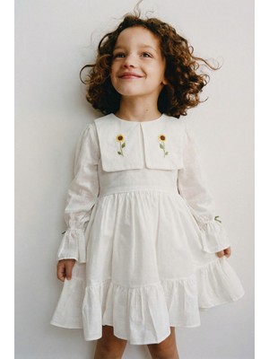 Magu Kız Çocuk Pamuklu Beyaz Nakış Detaylı Uzun Kollu Elbise