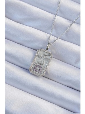 Pilelistore 316L Çelik Zincir Gümüş Renk Lila Zirkon Taşlı Tarot Kolye - TJ-BKO9238