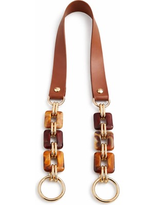 Nildenhobim Suni Derili Akrilik Kare Model Örgü Çanta ve Deri Çanta Sapları - Uzunluk : 70 cm (Altın Renk Aksesuar - Taba Deri  )