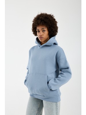 Sparrow Unisex Oversize Pamuklu Kanguru Cepli 3 Iplik Basic Kapüşonlu Sweatshirt Mavi - M