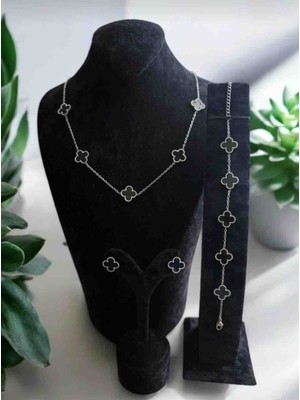 Güneş Takı Silver Siyah Yapraklı Yonca Çelik Taki Seti