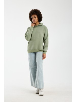 Sparrow Unisex Oversize Pamuklu Kanguru Cepli 3 Iplik Basic Kapüşonlu Sweatshirt Buz Yeşil - Xl