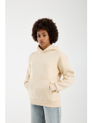 Sparrow Unisex Oversize Pamuklu Kanguru Cepli 3 Iplik Basic Kapüşonlu Sweatshirt Bej - 2xl