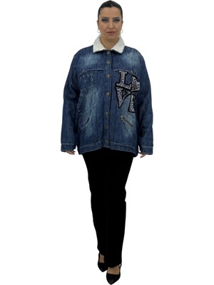 La Velina Büyük Beden Içi Yünlü Düğmeli Incili Taş Detaylı Cepli Denim Kadın Mont Türk Malı