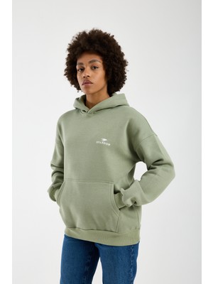 Sparrow Unisex Oversize Pamuklu Kanguru Cepli Basic 3 Iplik Nakışlı Kapüşonlu Sweatshirt Buz Yeşil - L