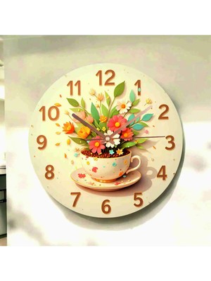AA Shop Kahve Bitki Fincan Renkli Baskı Desenli Sayılı Hediyelik Ahşap Sessiz Tablo Duvar Saati 722