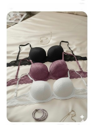 Trend Dokunuş Kadın Dantelli Destekli Siyah-Ekru-Gül Kurusu 3'lü Sütyen Takımı