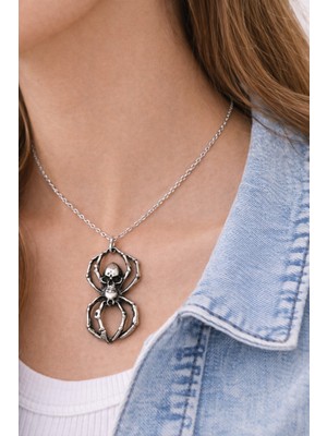 Herşey Nota Kuru Kafa Detaylı Örümcek Figürlü Gümüş Renk Metal Tasarım Unisex Günlük Kolye