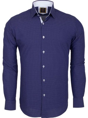 Erkek Lacivert %100 Pamuk Slim Fit Desenli Uzun Kollu Gömlek