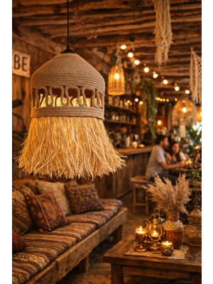 El Yapımı Rustik Bohem Aydınlatma Jüt Hasır Rafya Püsküllü Avize [Duy Dahildir]