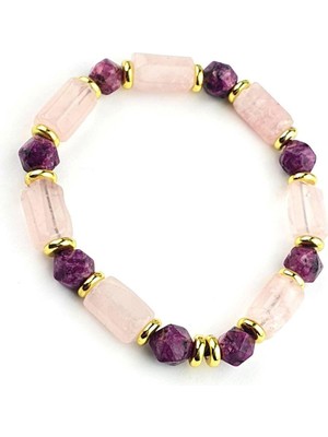 Pembe Kuvars, Pembe Turmalin Hematit Taşlı El Işi Tasarım Doğal Taş Bileklik