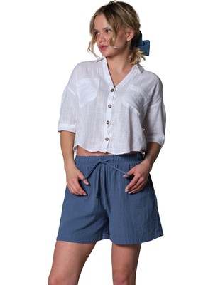 Domoda %100 Pamuk Müslin Kumaş Rahat Kesim Bağcıklı Lastikli Cepli Kadın Şort @las Palmas