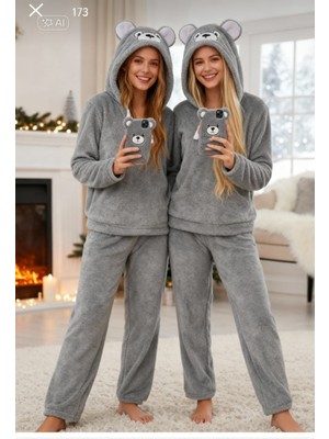 NiCe İç Giyim Pembe Kulaklı Gri Kapüşonlu Wellsoft Peluş Kadın Pijama Takım