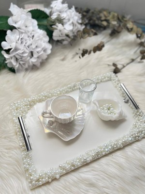 Epoksi Tepsi Dikdörtgen Full Inci Damat Tepsi Seti 4 Parça Gümüş