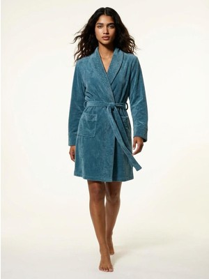 Vienetta Kadın Kadife Şal Yaka Uzun Kollu Cepli %100 Pamuk Petrol Sabahlık COT618133