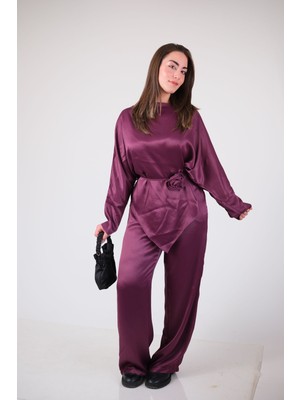 Kinzi Gül Kemerli Saten Bordo Bluz ve Pantolon Takım