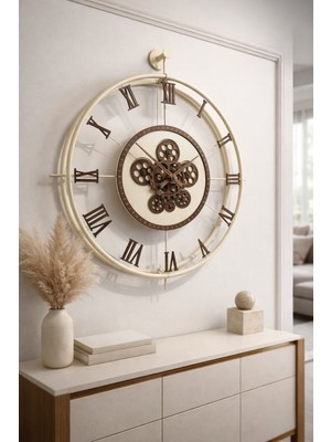 MetaQuartz Aksesuar Masif-Ekru Dönence Serisi - Çarklar Dönmektedir - Çarklı Metal Duvar Saati