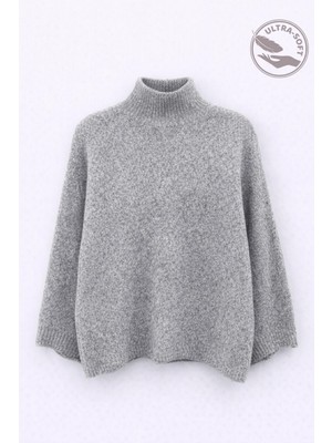 Mixray 6998 Kadın Yarasa Kol Yün Karışımlı Balıkçı Yaka Triko Kazak Gri