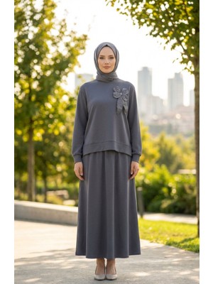 Fiyonk Detaylı Tunik Etek Ikili Takım 0237-05 Gri