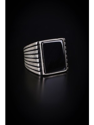 Encili Silver 925 Ayar Gümüş Özel Tasarım Dikdörtgen Taşlı Erkek Yüzük