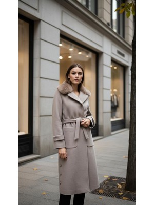 Esin Giyim Aurora Kürk Yakalı Kaşe Kaban