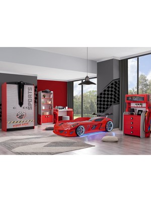 Setay Çocuk Odası - Jaguar Arabalı Yatak, Sports 3 Kapılı Dolap, Masa, Şifonyer, Kitaplık - Kırmızı