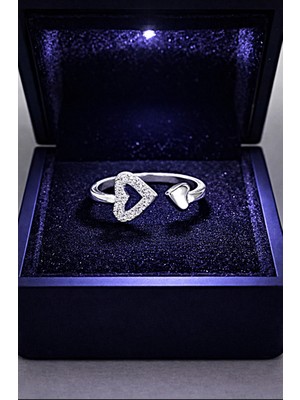 925 Ayar  Radyum  Kaplama  Zirkon Taşlı Çift  Kalpli  Gümüş  Yüzük