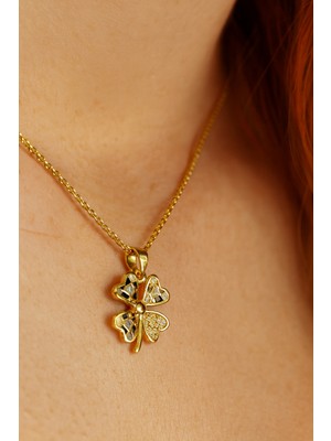 Çelik Dört Yapraklı Yonca Kolye – Kalp Formlu Kristal Taşlı Şans Sembolü Kadın Kolyesi