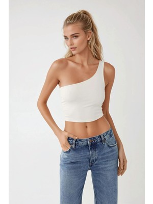 Hiccup Kadın Asimetrik Yaka Soft Crop Top %95 Poliamid Beyaz Kolsuz Tasarım XS - S