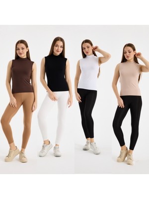 Klc Fashion Kadın 4lü Siyah Beyaz Bej Kahve Kolsuz Body