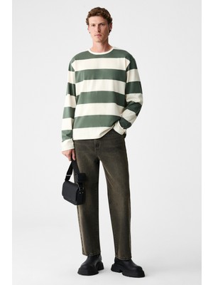 Grimelange Gravs Erkek %100 Pamuklu Yumuşak Kumaşlı Yuvarlak Yakalı Uzun Kollu Yeşil - Ekru T-Shirt